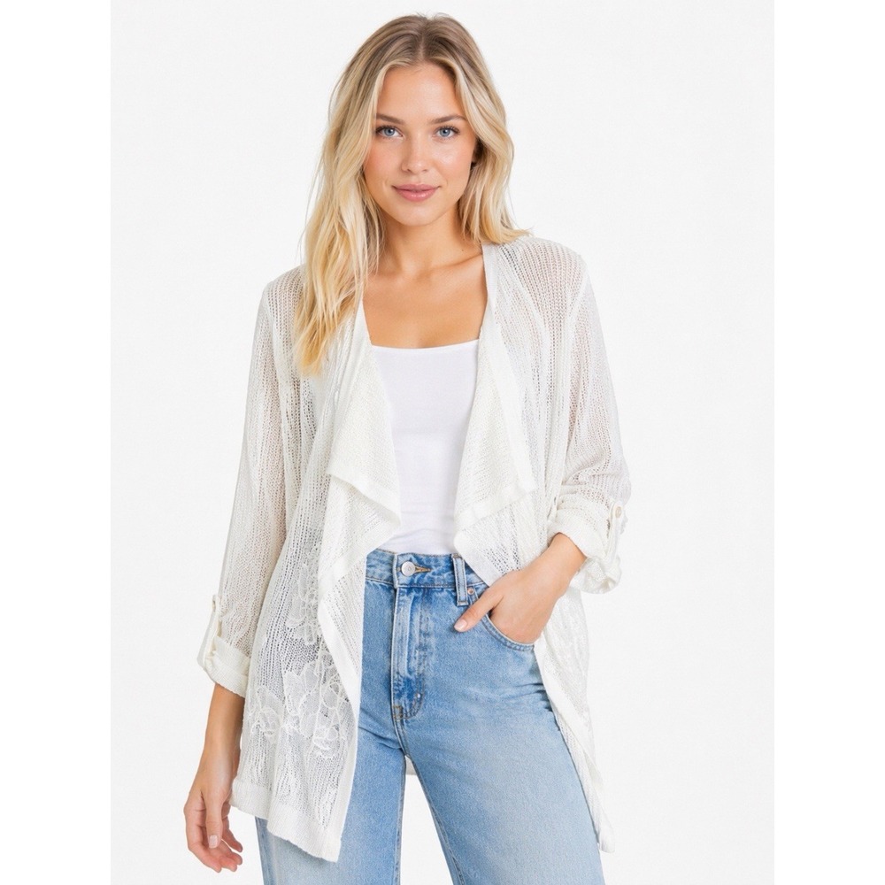 White Open Knit Cardigan Sheer Lace Floral Boho Beach Cover Up L Lightweight